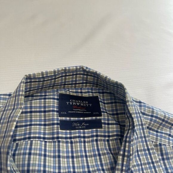 Charles Tyrwhitt Non Iron Slim Fit Blue Plaid Gingham Button Down Shirt Size XXL - Picture 2 of 6